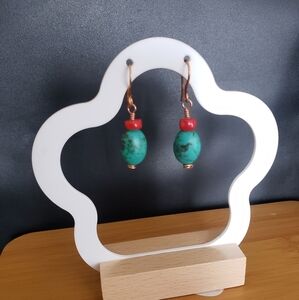New handmade copper wire Turquoise and Red coral Dangle Earrings